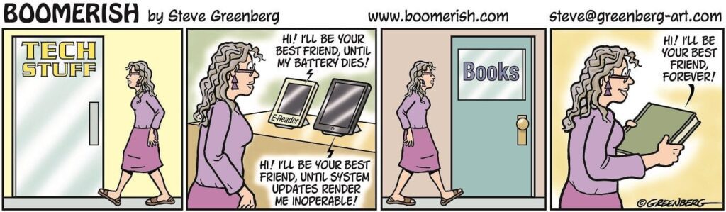 cartoon of a woman walking next to a computer screen