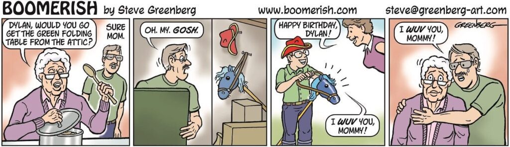 a cartoon of a man holding a toy horse