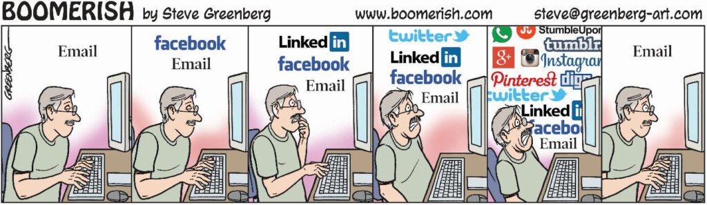 cartoon of a man using a computer