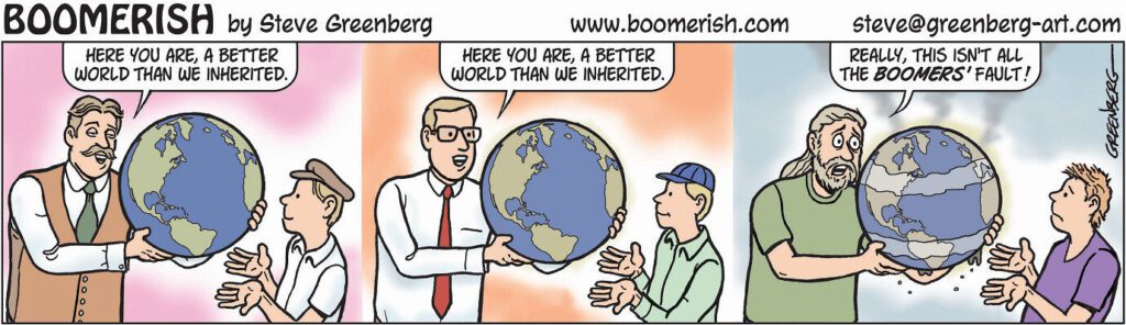 cartoon of a man holding a globe and another man talking