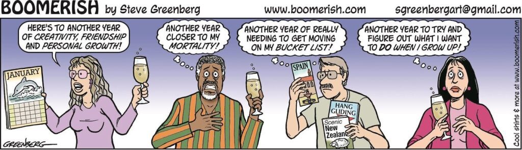 cartoon of two men holding glasses and a newspaper