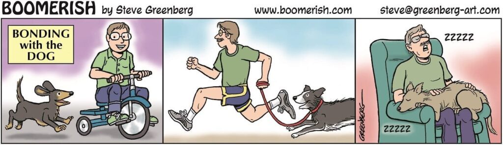 cartoon a cartoon of a man running with a dog