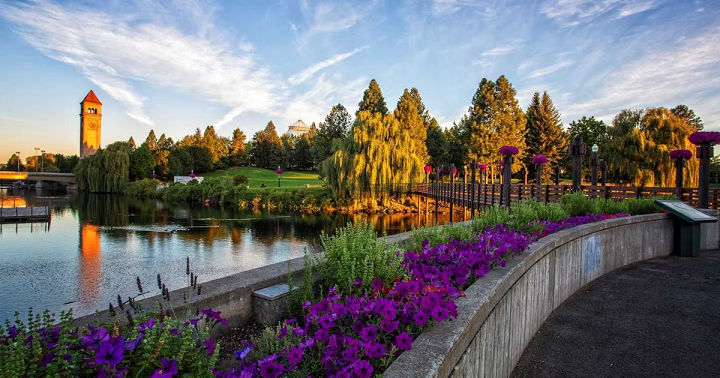 scenic view of a city scape, park and river