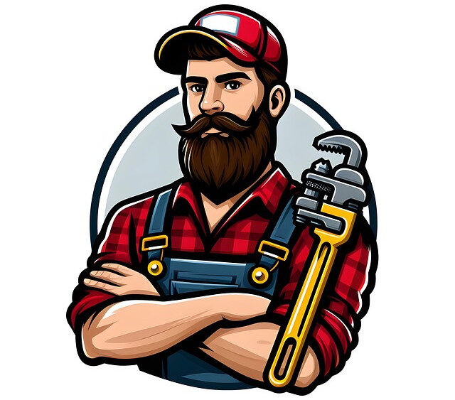 graphic of a man in a plaid shirt and overalls with a wrench