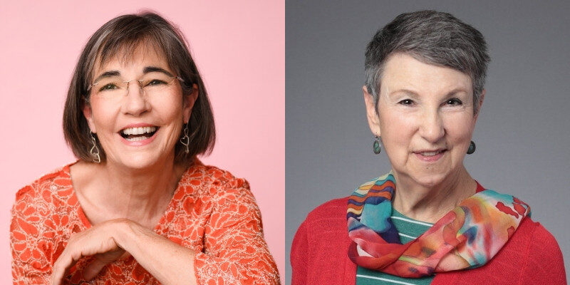side by side photos of two smiling older women